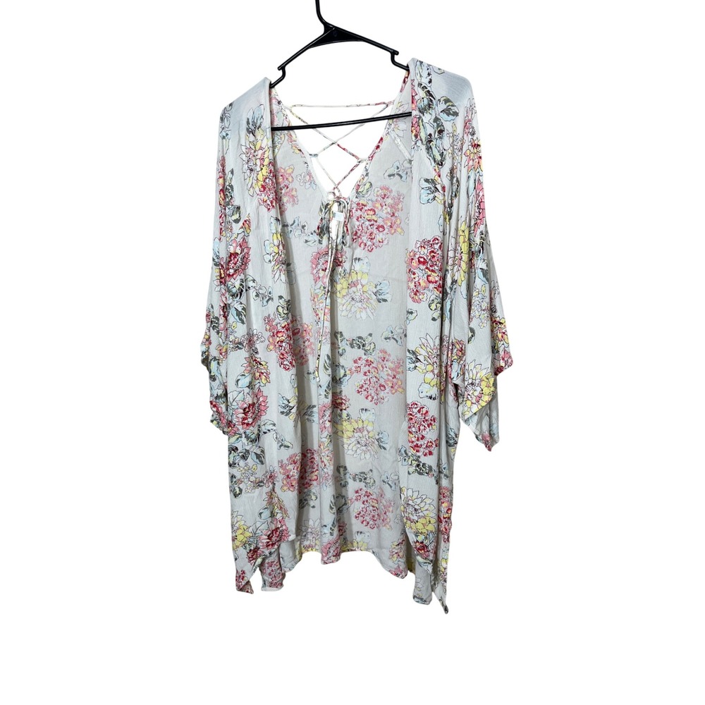 Billabong Floral Print Kimono Top Criss‎ Cross V Neck Rayon S/M